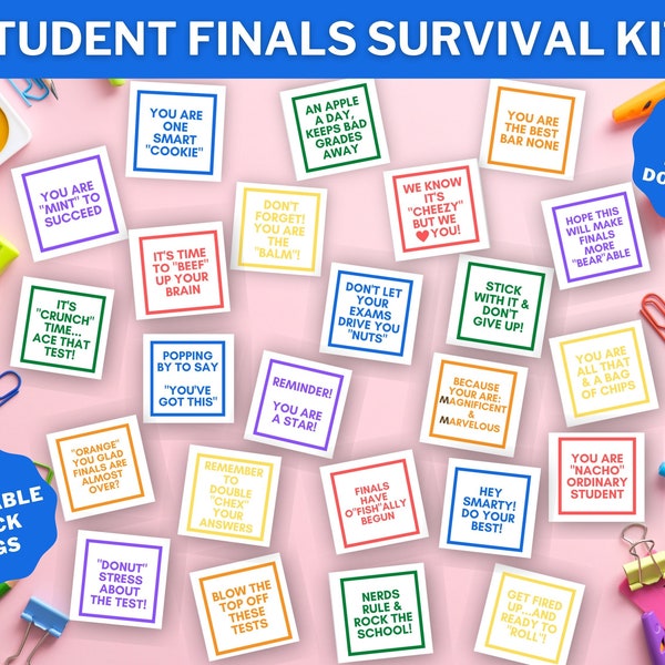 Final Exams Snack Tags - Printable Food Notes for Student Finals Test Survival Kits or College Care Package - Instant Download