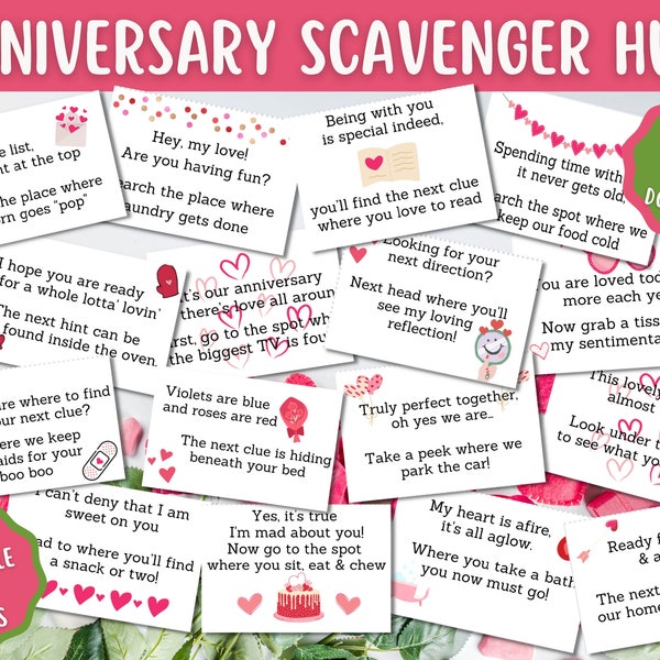 Anniversary Scavenger Hunt Printable Clues - Indoor Treasure Hunt Hints for Wedding Anniversary  - Love Gift Surprise - Instant Download