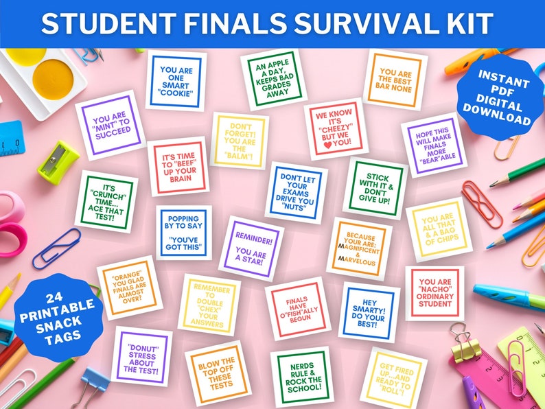 Final Exams Snack Tags Printable Food Notes for Student Finals Test Survival Kits or College Care Package Instant Download image 1