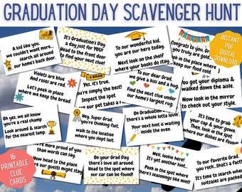Graduation Day Scavenger Hunt Printable Clues - Indoor Treasure Hunt Hints for Grads -  Grad Day Gift Surprise - Instant Download