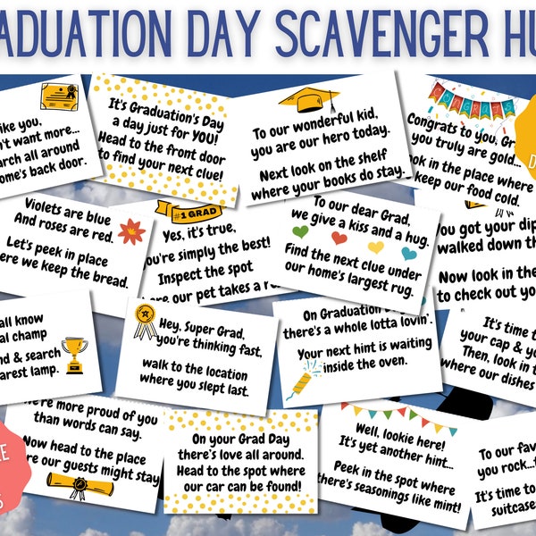 Graduation Day Scavenger Hunt Printable Clues - Indoor Treasure Hunt Hints for Grads -  Grad Day Gift Surprise - Instant Download