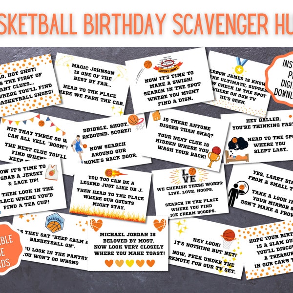 Basketball Birthday Scavenger Hunt Printable for Kids - Indoor Sports Themed Treasure Hunt Clues - Children's B-day Gift Surprise