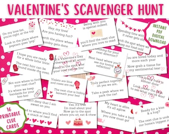 May include: A set of 16 printable Valentine's Day scavenger hunt clue cards. The cards are pink with white text and hearts. The cards feature various Valentine's Day themes, such as love, hearts, and romance. The cards are designed to be used for a scavenger hunt game.