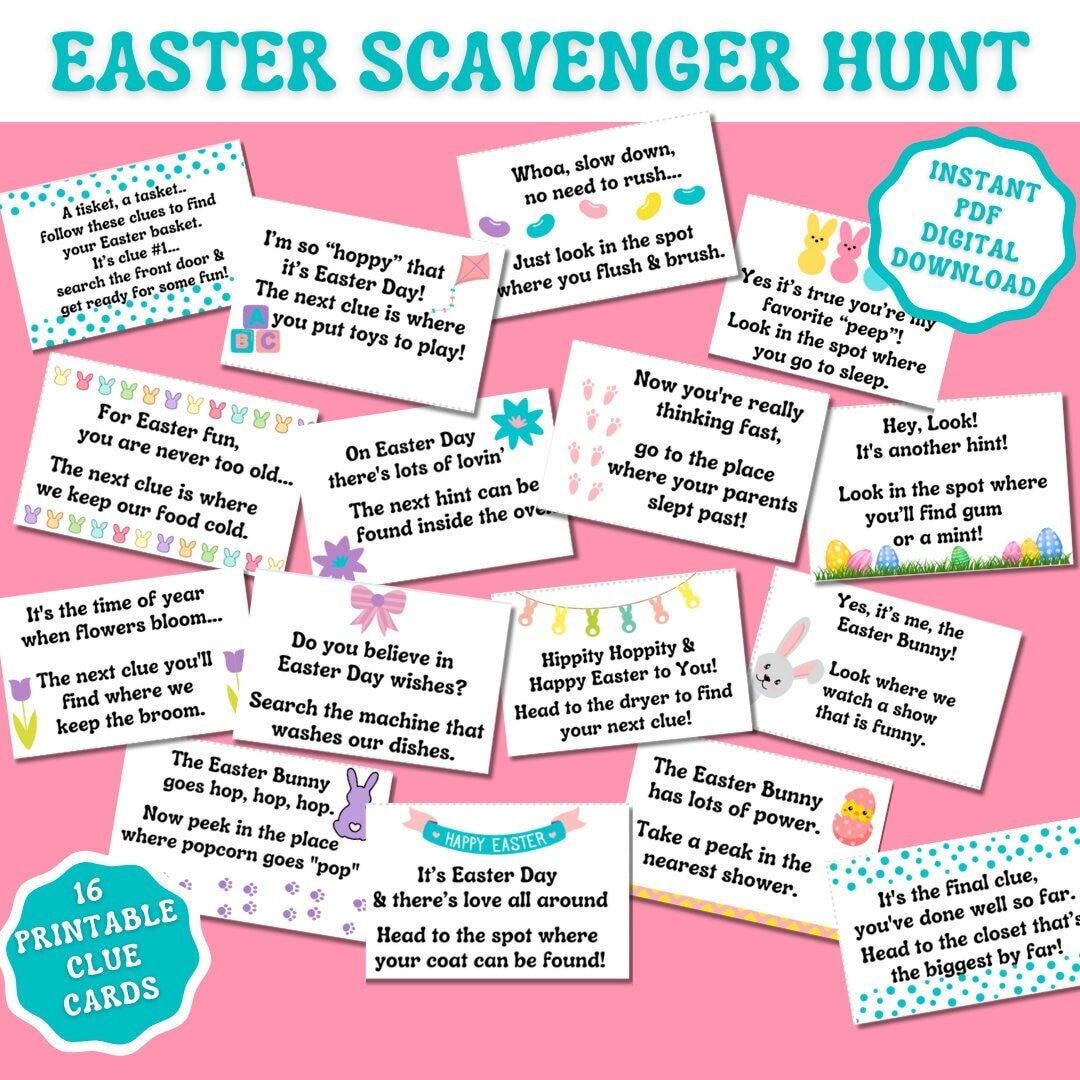 Printable EASTER BASKET Scavenger Hunt Easter Bunny Treasure Hunt Clues ...