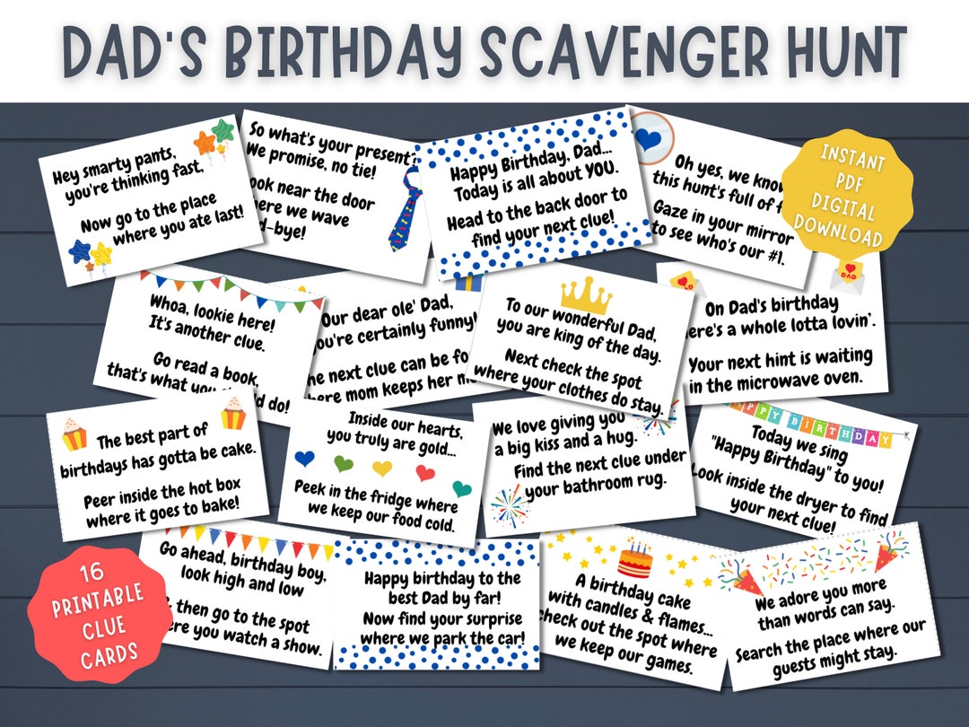 Dad's Birthday Scavenger Hunt Printable Clues Indoor Treasure Hunt Hints  for Dads Father's B-day Gift Surprise Instant Download