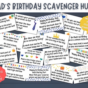 Papas Geburtstags-Schnitzeljagd druckbare Hinweise - Indoor-Schatzsuche-Hinweise für Väter - Vaters B-day Geschenk Überraschung - Instant Download