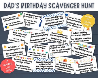 Dad's Birthday Scavenger Hunt Printable Clues - Indoor Treasure Hunt Hints for Dads - Father's B-day Gift Surprise - Instant Download