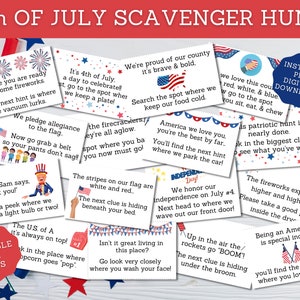 4 juli Scavenger Hunt afdrukbare aanwijzingen - Indoor Treasure Hunt Hints voor Independence Day - 4 juli cadeauverrassing - Instant Download