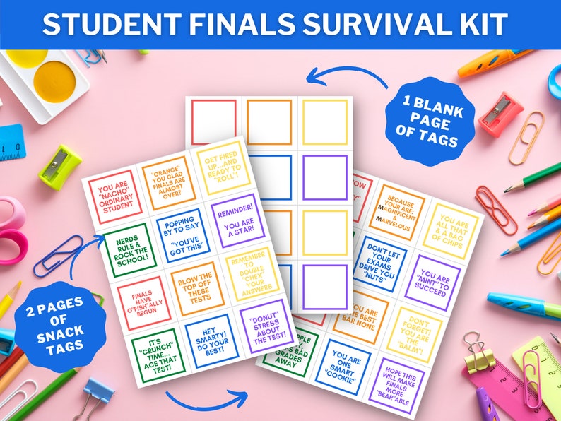 Final Exams Snack Tags Printable Food Notes for Student Finals Test Survival Kits or College Care Package Instant Download image 2