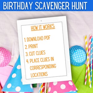 BIRTHDAY SCAVENGER HUNT Printable for Kids Indoor Treasure Hunt Clues ...