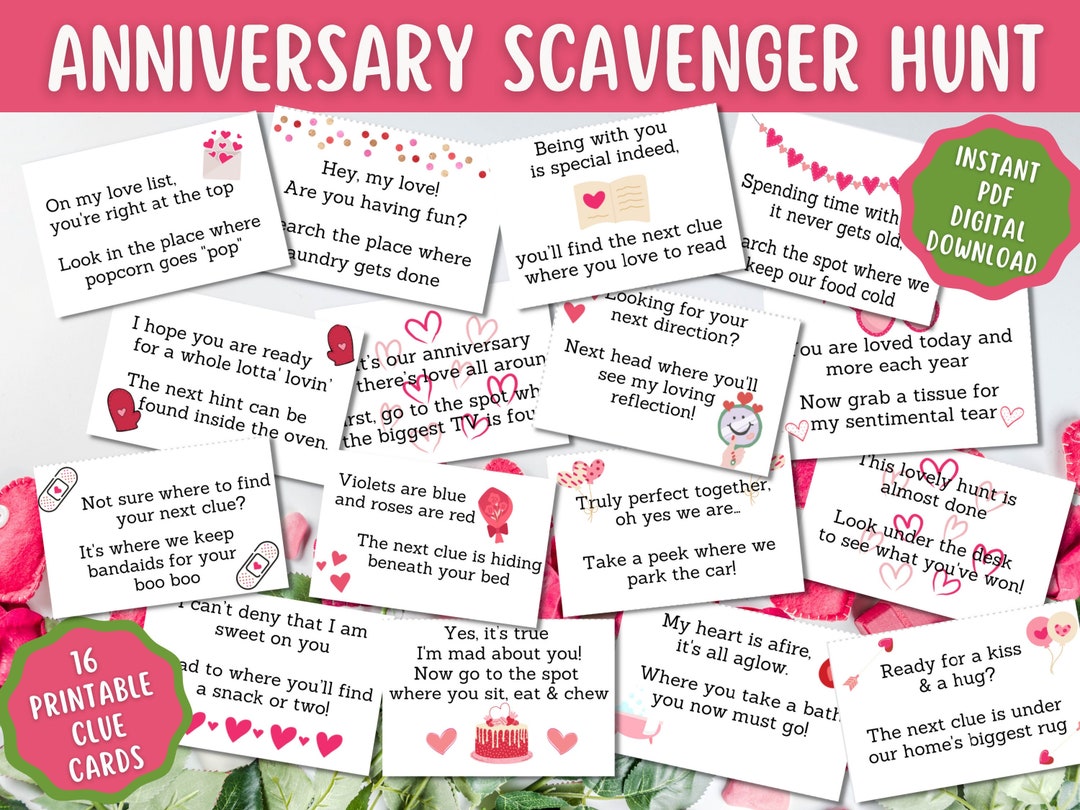 Anniversary Scavenger Hunt Printable Clues Indoor Treasure Hunt Hints for  Wedding Anniversary Love Gift Surprise Instant Download