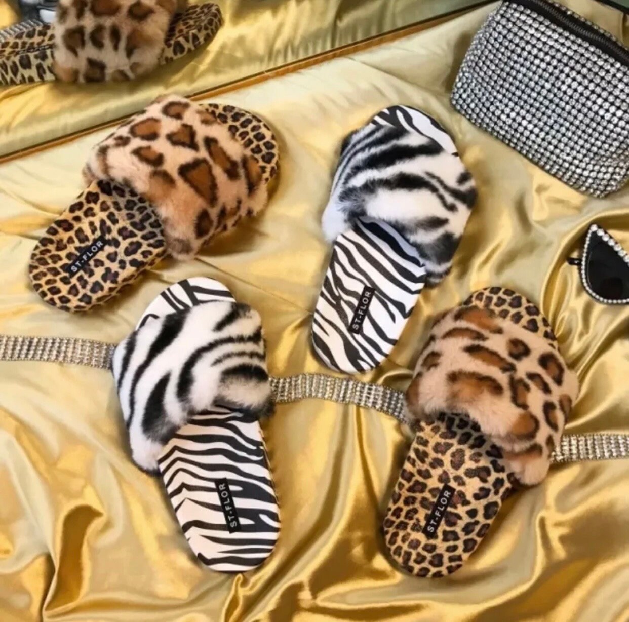 Eco Faux Fur Cheetah Holiday Platform Slide Slippers with Turquoise Brooches
