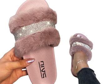 Women&#39;s Super Soft Faux Fur Crystal Slides / Sparkling Slippers / Crystal Sandals / Shiny Slippers / Rhinestone Slides / 7 Color Options