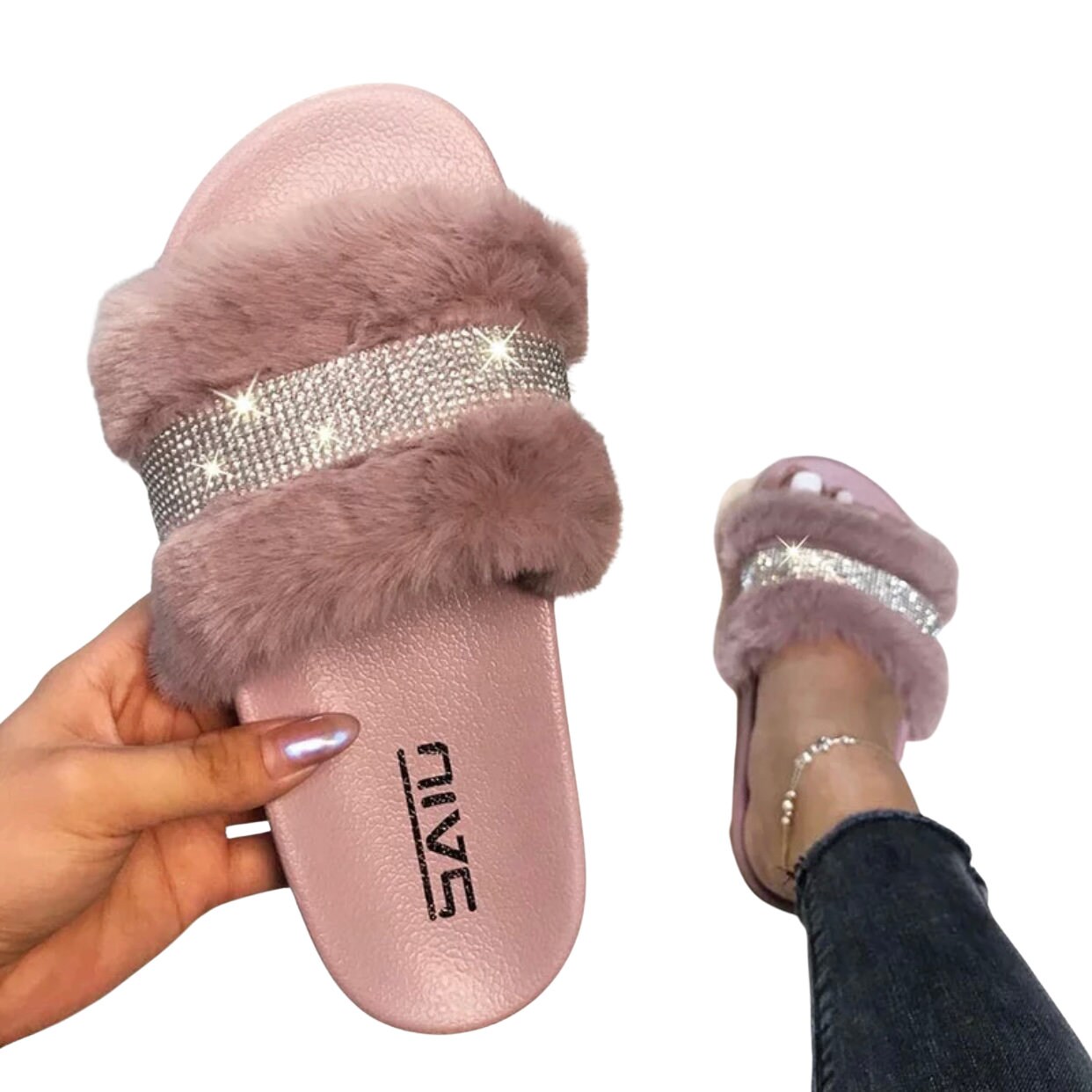 Shoe Land SL-ADRERINIA Women's Fuzzy Slides Open Toe Faux Fur Flat Sandals  Fashion House Indoor or Outdoor Slippers (Pink)