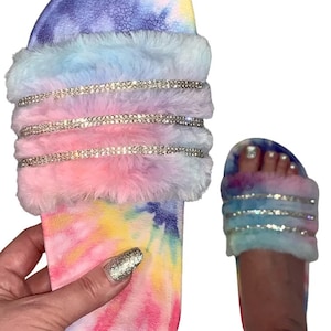 Womens Rainbow Faux Fur Crystal Slides / Bling Multi Colored Sandals / Slippers / Sparkly Slides / Rhinestone Sandals / Cotton Candy Sandals