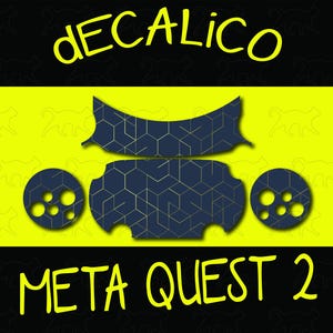 May include: A Meta Quest 2 decal design with the text "dECALico" and "META QUEST 2" in yellow. The design features navy blue shapes with a gold geometric pattern on a yellow and black background, with cat silhouettes.