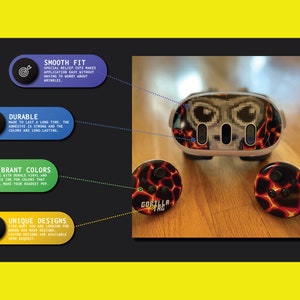 May include: A white virtual reality headset with a lava-like design skin. The headset has a black and white pixelated design on the front. Two controllers with the same lava-like design are also shown. The text "GORILLA TAG" is visible on one of the controllers.