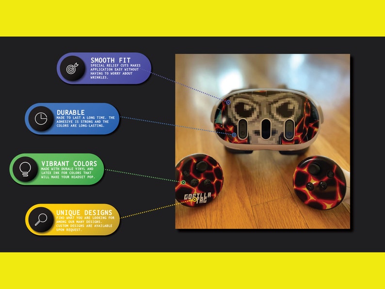 May include: A white virtual reality headset with a lava-like design skin. The headset has a black and white pixelated design on the front. Two controllers with the same lava-like design are also shown. The text "GORILLA TAG" is visible on one of the controllers.