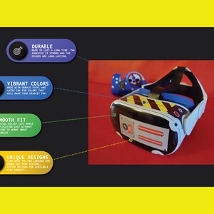 May include: A VR headset in white, black, and yellow, set against a red backdrop. The headset features a blue and yellow striped design. A blue controller with white polka dots is also visible. Text on the left details product features.