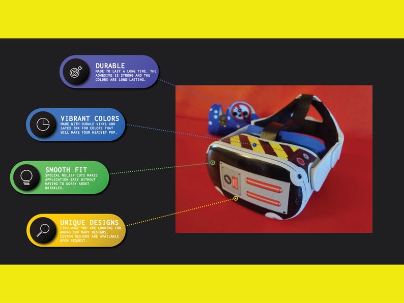 May include: A VR headset in white, black, and yellow, set against a red backdrop. The headset features a blue and yellow striped design. A blue controller with white polka dots is also visible. Text on the left details product features.