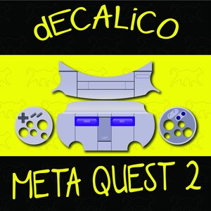 May include: A graphic design featuring the text "dECALico" and "META QUEST 2" in yellow. The design includes a light gray controller and console components with blue buttons, set against a black and yellow background.