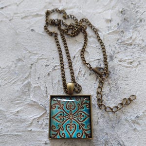 Blue Square Pendant Necklace