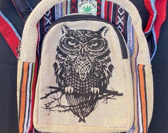 Mini Hemp Backpack with Printed Designs, Natural Fabric Backpack, Hippie Festival Style Backpack, Travel Bag, Boho Beach Bag, Made in Nepal
