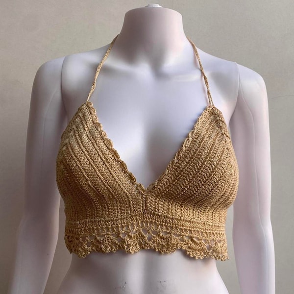 Simple Crochet Crop Top with Tie Up Halter Neck and Open Back Design, Perfect Boho Summer Festival, Concert, and Beach Wear, Women