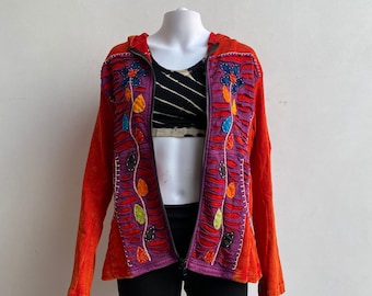 Nepali Hippie Sweater with Hoodie, Patchwork with Flower Embroidery, Classic Boho Jacket, Y2K, Cotton, Pockets and Zipper