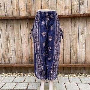 Women’s Boho Cotton Trousers with Deep Pockets, Monochromatic with Printed Detailing, Casual Pants, Festival, Elastic Waist, Hippie Pants