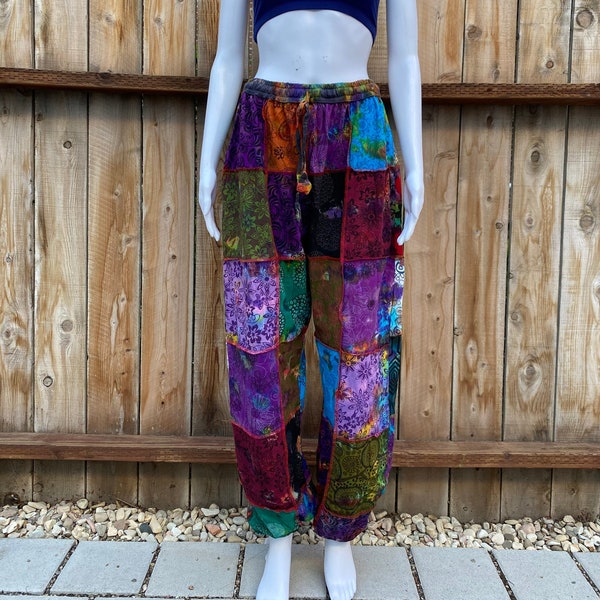 Women’s Tie Dye Hippie Pants, Flower Patterned Patchwork, Colorful, Fun Loving Fashion, Maximalist, Boho, Stretchy & Comfy, Trippy Festival