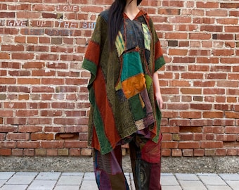 Patchwork Poncho, Colorful, Lightweight, Hippie Poncho, Boho, Beachy, Artistic, Burning Man, Festival, Outdoors, Hooded Poncho, Pockets, Fun