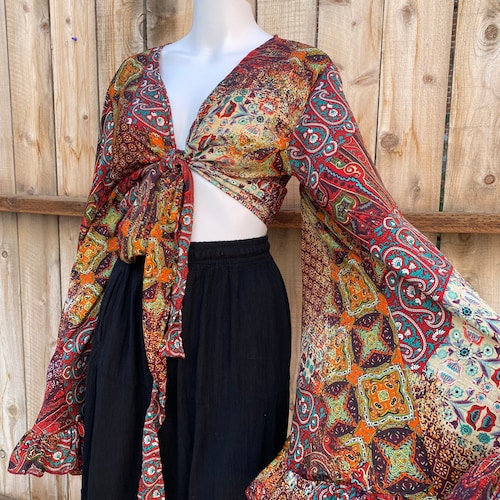 Ruffle Sleeve Wrap Top With Front Tie Long Bell Sleeve Etsy