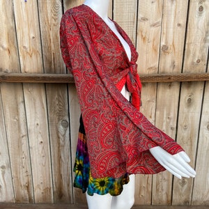 Bohemian Hippie Long Bell Sleeve Wrap Top with Front Tie, Colorful Paisley and Flower Pattern, Festival Boho Fairy Goddess, Summer Going Out