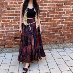 Long Boho Maxi Patchwork Skirt, Hippie Grunge Fairycore Skirt, Earthy Tones, Festival, 90s Aesthetic, Flowy Elastic High Waist A Line Skirt