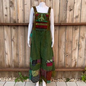 Casual Peace Sign Overalls, Wide Leg Jumpsuit, Summer Festival Outdoor Fashion,  Hippie Overalls, Simple, Comfy, Cotton, Patchwork