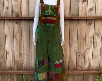 Casual Peace Sign Overalls, Wide Leg Jumpsuit, Summer Festival Outdoor Fashion,  Hippie Overalls, Simple, Comfy, Cotton, Patchwork