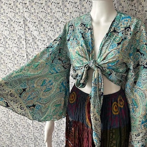 Gorgeous Bohemian 70s Hippie Long Bell Sleeve Wrap Top, Festival Boho Fairy Goddess, Wimisical Paisley Style, Flowy Loose Vacation Blouse