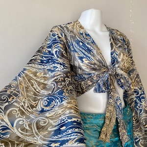 May include: A blue and gold paisley print top with a tie front and long, flowing sleeves. The top is made of a sheer fabric and has a relaxed fit.