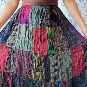 Boho Patchwork Rock, Hippie/ Cottagecore Grunge Rock, Fairycore Rock, Festival, 90er Jahre Ästhetik, Fließende Elastische Hohe Taille A-Linien-Rock