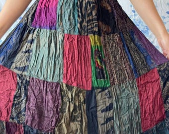 Earthy Boho Patchwork Skirt, Hippie Cottagecore Grunge Fairycore Skirt, Festival, 90s Aesthetic, Flowy Elastic High Waist A Line Skirt
