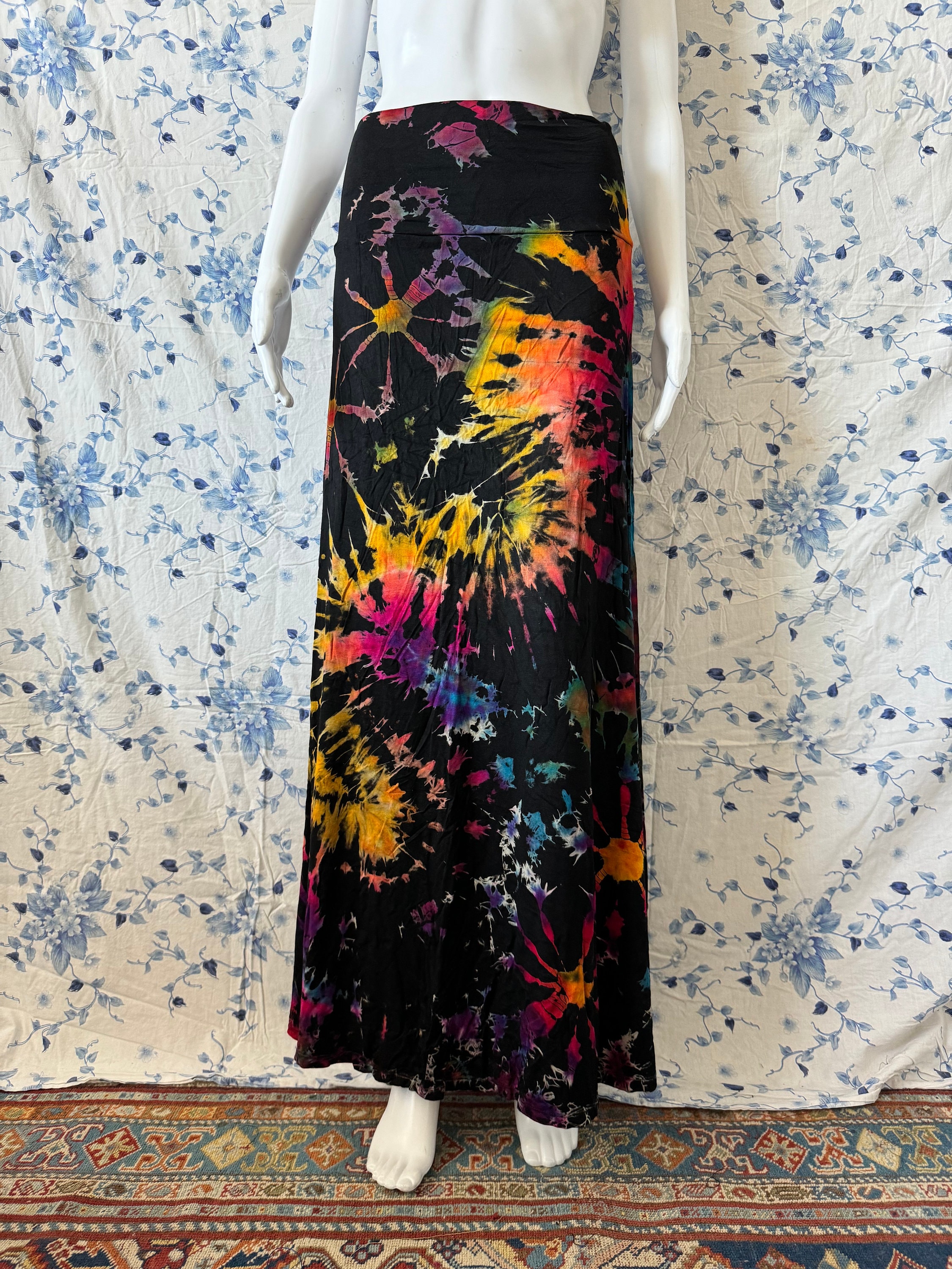 Jupe Nomads Clothing Tie-dye Bleue Sur Noir - Taille S - Style Boho évasée Avec Ceinture - Neuf