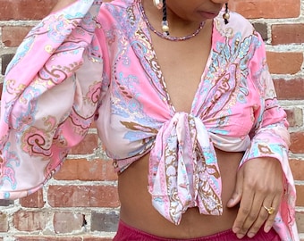 Bohemian 70s Hippie Long Bell Sleeve Wrap Top, Festival Boho Fairy Goddess, Wimisical Floral Patchwork, Flowy Loose Gold Print Blouse, Ombré