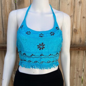 Womens Boho Festival Crop Top With Flower Design and Tassel Hem, Open ...