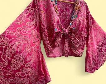 Beautiful Bohemian 70s Hippie Long Bell Sleeve Wrap / Tie Top, Festival Boho Fairy Goddess, Paisley Pink Ombré Style, Flowy Loose Gold Print