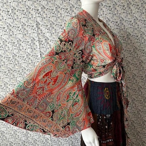 Bohemian 70s Hippie Long Bell Sleeve Wrap Top, Festival Boho Fairy Goddess, Wimisical Paisley Style, Flowy Loose Gold Print Vacation Blouse