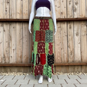 Bright and Colorful Patchwork Maxi Skirt, Hippie Grunge Fairycore Skirt, Festival, Upcycled and Ethical Boho Long Skirt, Earth Toned