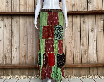 Bright and Colorful Patchwork Maxi Skirt, Hippie Grunge Fairycore Skirt, Festival, Upcycled and Ethical Boho Long Skirt, Earth Toned