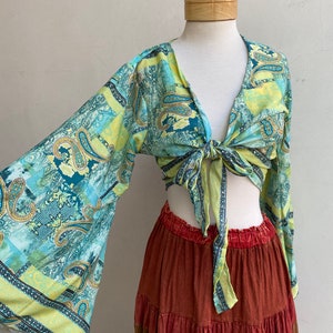 Bohemian 70s Hippie Long Bell Sleeve Wrap Top, Festival Boho Fairy Goddess, Wimisical Pasiley Ombré Floral, Flowy Loose Gold Print Blouse