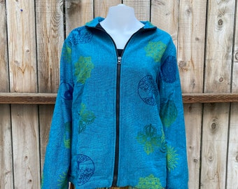 Pull hippie népalais avec sweat à capuche, patchwork avec broderie de fleurs, veste bohème classique, année 2000, coton, poches et fermeture à glissière